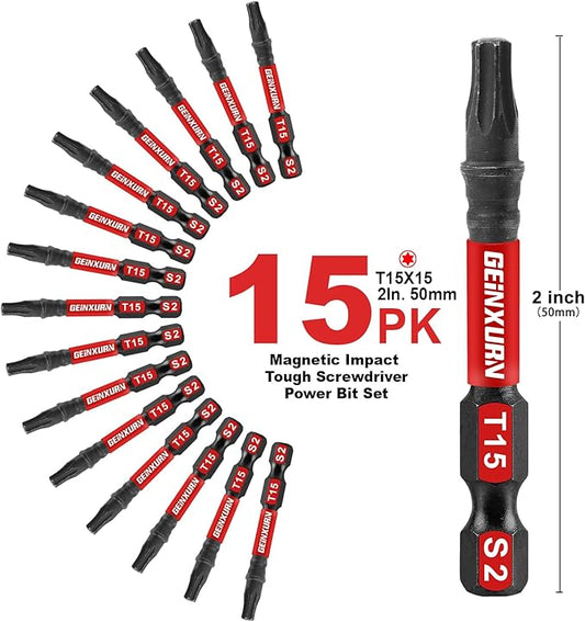 15 Pieces T15 Impact Tough Magnetic Screwdriver Bit Set, 2 In. #15 Torx Head Power Bit Set, S2 Alloy Steel T15 Star Bit Set