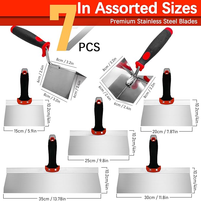 7 Pack Drywall Knife and Corner Tool Set, 6????0??2??4??Taping Knives, Outside Corner Trowel & Inside Corner Trowel for Joint Taping, Finishing, Patching