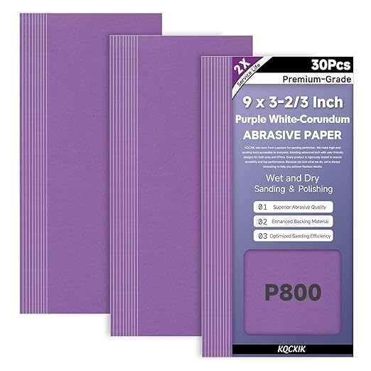 30-Sheet Premium White Corundum 800 Grit Sandpaper, 9 x 3-2/3 Inch Wet Dry Abrasive Sheets for Wood Metal Automotive Sanding and Polishing