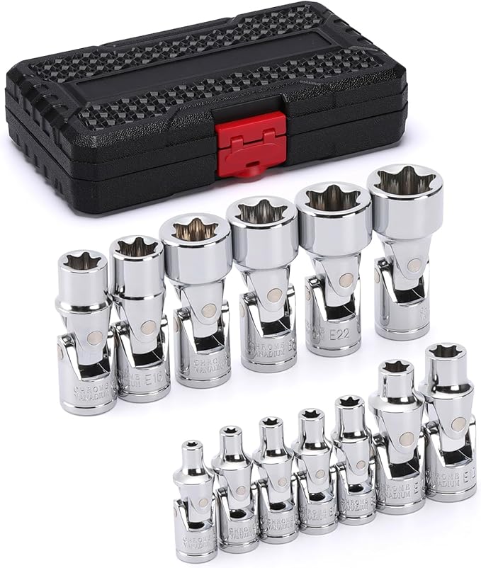 EMENTOL 13-Piece Universal Joint Star Socket Set, 3/8" (E4-E8) & 1/4"(E10-E24) Drive U-joint E Sockets, CR-V Steel