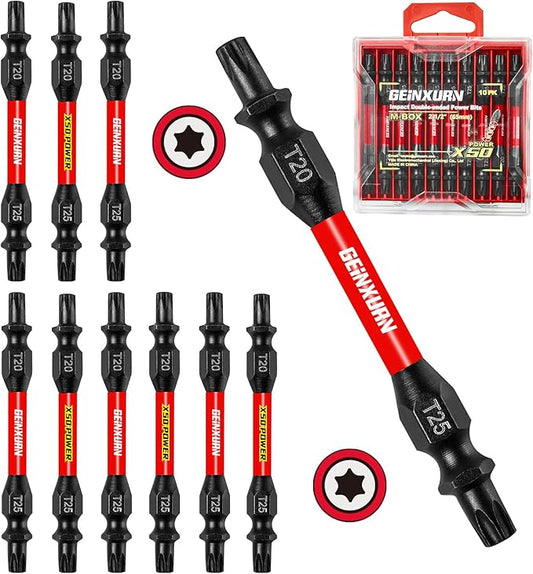 10Pcs T20-T25 Impact Double End Screwdriver Bit Set, 2.56 in. #2 Torx /#25 Torx Power Driver Bits, Magnetic S2 Steel Two Sides Screwdriver Bits Set with Storage M-Box