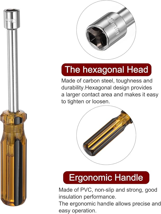 HARFINGTON Metric Hex Nut Screwdriver 10mm Carbon Steel Ergonomic PVC Grip Non-Magnetic Socket Wrench Screwdriver Hand Tool for Automotive Maintenance Home Improvement.