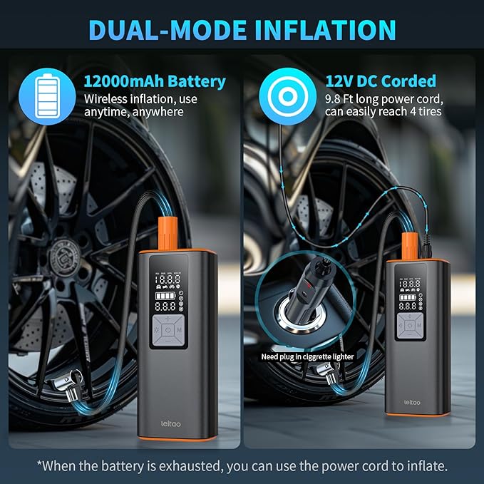 Cordless Tire Inflator Portable Air Compressor, Air Pump for Car Tires 150PSI Cordless with Battery and 12V DC, Auto Shut-Off Air Compressor for Car, Moto, Bike, Ball, etc