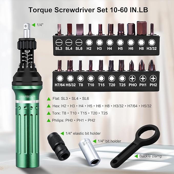 Torque Screwdriver 10-60 in.lb, Torque Screwdriver Set with 1/4" Elastic Bit Holder, 1/4" Bit Adapter, Flat, Hex, Torx and Philips Bits, Suitable for Gunsmithing, DIY, Bicycle Maintenance