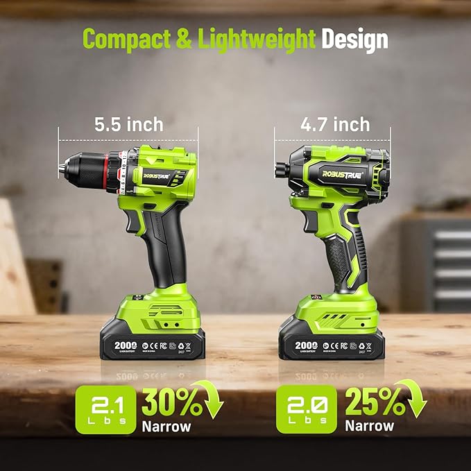 21V Cordless Drill & Impact Driver Combo Kit, 3/8" Drill & 1/4" Impact Driver, 2횞2000mAh Batteries, Fast Charger, 16-Piece Bit Set for DIY Projects, Furniture Assembly & Home Repairs
