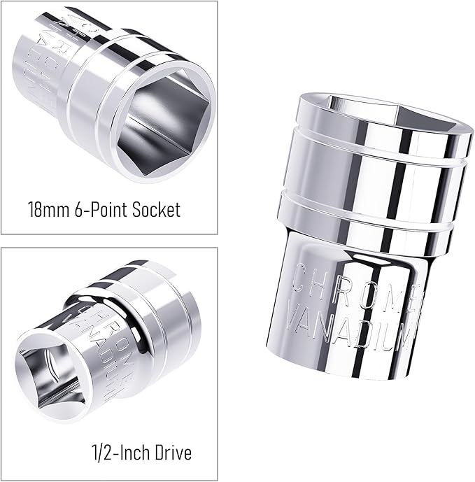 18mm Shallow Socket, 1/2 Inch Drive, 6-Point, Metric, Heat Treated CR-V Steel Short Sockets, Full Polishing, 1.5 Inch Length
