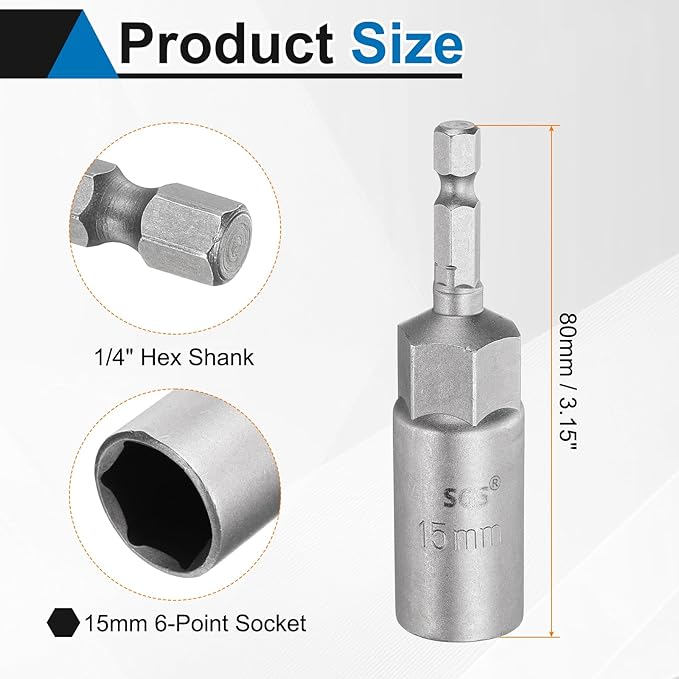 HARFINGTON 5pcs Nut Driver Drill Bit 15mm Metric Socket 1/4" Hex Shank 3.15" (80mm) Long 6-Point Sockets Quick Change CR-V Steel Bolt Setters for Power Drill Drivers
