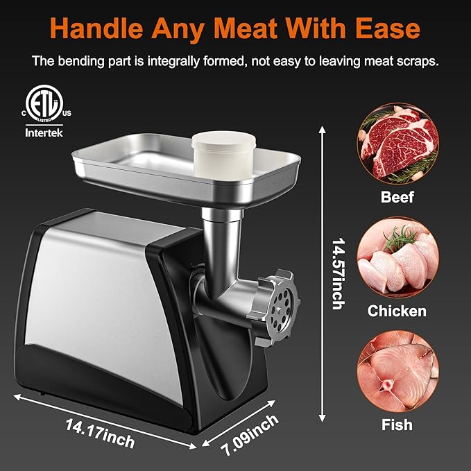 Commercial Meat Grinder, ETL Certified Meat Mincer, Heavy Duty Sausage Stuffer, Peak Power 3150W, with S.S. Blade, Multi Size Grinding Glates & Sausage Stuffer Tube, for Catering, Restaurant