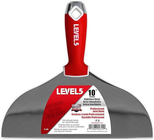 10" Soft-Grip Stainless Steel Drywall Joint Knife - LEVEL5 | Pro-Grade | Comfortable Finishing Hand Tool | Metal Hammer End | Sheetrock Gyprock Plasterboard Mud | 5-146