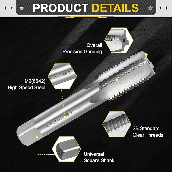 uxcell Hand Plug Tap M26 x 2.5 H2 Metric Thread Plug Style Taps Straight Flute Screw Tapping Threading Tool High Speed Steel HSS6542
