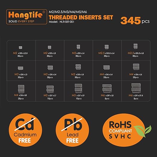HANGLIFE Heat-Set Threaded Inserts, M2 M2.5 M3 M4 M5 M6 Assortment Box (345 Pieces) Heat Set Insert for 3D Printing Components and Plastic Parts - Brass Metric Knurled Nuts