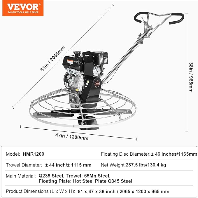 VEVOR Power Trowel, 46??Walk-Behind Cement Trowel with Float Pan, 14HP Gas-Powered Smooth Concrete Surface Finisher, Heavy Duty Commercial Screed Concrete Cement with Finishing Blade