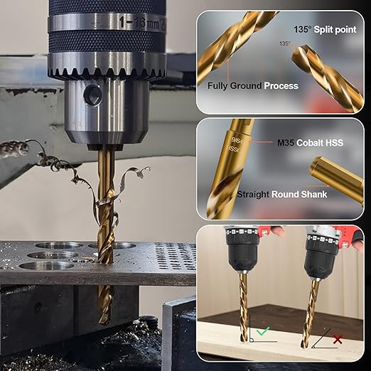 Luckyway 9/64" Cobalt Drill Bit (10 Pcs), Jobber Length Twist Drill Bit Set for Hard Metal, Stainless Steel, Cast Iron, Wood and Plastic, with Storage Case