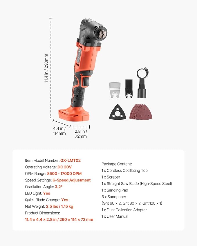 VEVOR Cordless Oscillating Tool, 20V Multitool Oscillating Tool with 6 Variable Speeds 8500-17000 OPM, 3.2째 Oscillating Angle, 8PCS Saw Accessories & LED Work Light (Battery Pack Not Included)