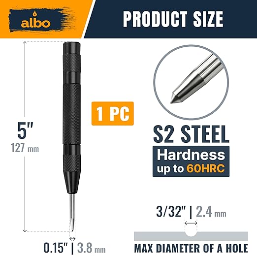 ALBO Automatic Center Punch Tool ??5 Inch Spring Loaded Punch for Metal, Wood & Steel ??Heavy Duty Drill Punch ??Blackened Finish, Precision Tip for Accurate Marking in Workshop (1pc)