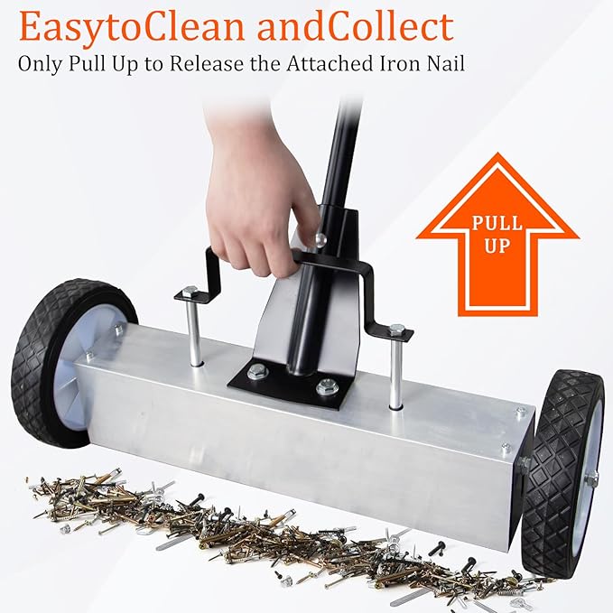 Rolling Magnetic Sweeper, 36 Inches Heavy Duty Magnetic Nail Sweeper with Wheels, Adjustable Handle and Clean Height for Different Scenarios