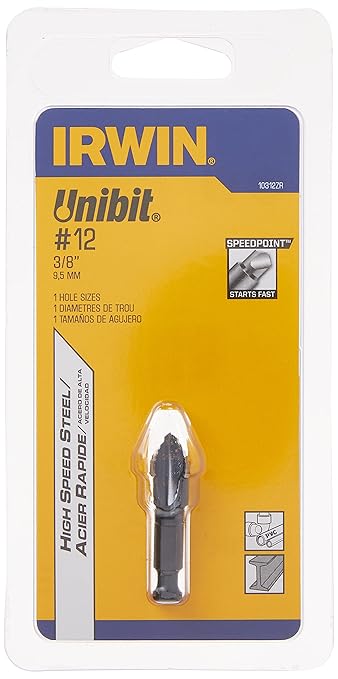 Irwin Tools - 10312ZR Unibit #12 3/8-Inch Step-Drill Bit, 1/4-Inch Shank (10312) Black
