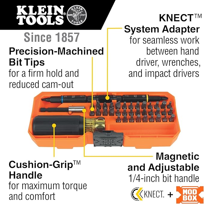 Klein Tools 32501HD KNECT 46-Piece Impact-Rated Multi-Bit Screwdriver and Nut Driver Set with MODbox Case, 39 Bits, 4 Nut Drivers, Bit Holder, Handle
