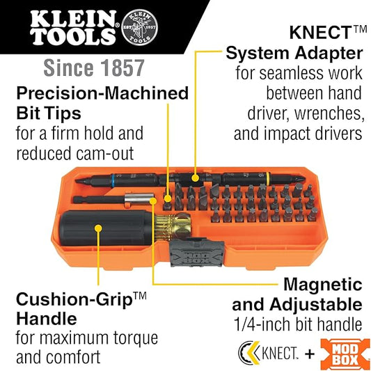 Klein Tools 32501HD KNECT 46-Piece Impact-Rated Multi-Bit Screwdriver and Nut Driver Set with MODbox Case, 39 Bits, 4 Nut Drivers, Bit Holder, Handle