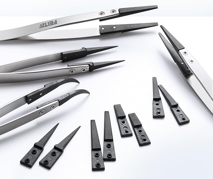FEITA Anti Static Precision Tweezers ESD-Series Replacement Pointed, Curved & Flat Head, ESD Stainless Steel Twizzers Replaceable Carbon Fiber Plastic Tips With Locking Screws (8Types Each 1Pair)