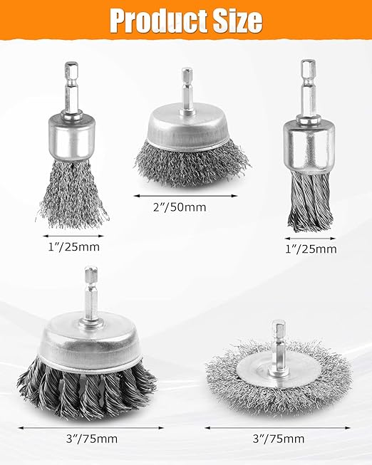 5 Pcs Drill Wire Brush Set, Heavy Duty Wire Brush Wheel for Drill, 1/4'' Hex Shank Wire Brush Drill Attachments Coarse Carbon Steel Crimped, Great for Cleaning Rust, Paint, Abrasive