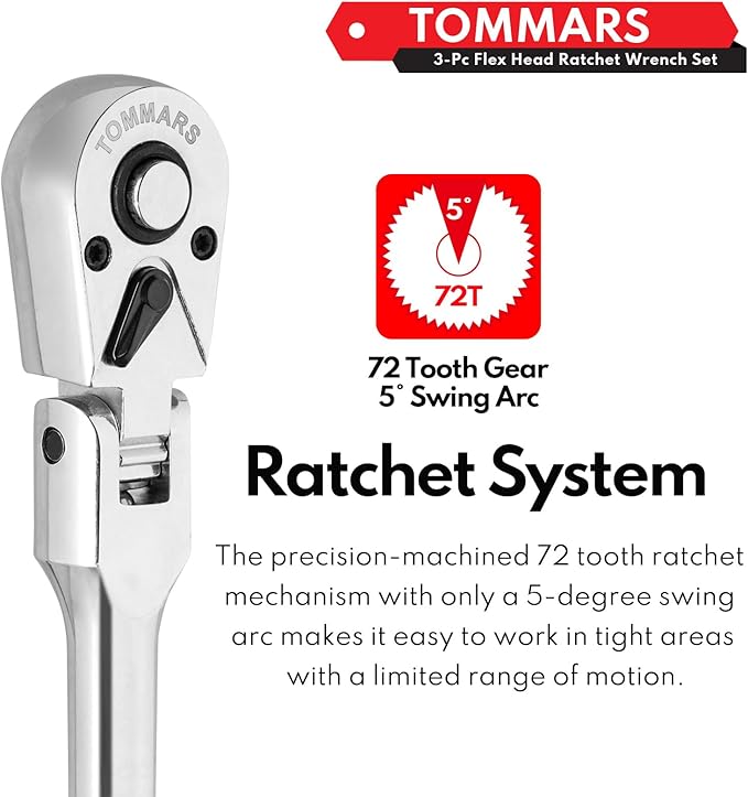 TOMMARS Flex-Head Ratchet Set, 1/4", 3/8", 1/2" Drive Flexible Ratchet Handle Wrench 72-Tooth Quick-Release Reversible Gift for Men Mechanic Hand Tools