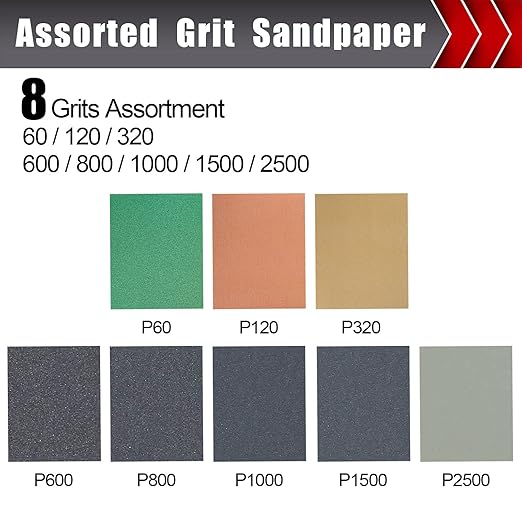 24 Pcs Sandpaper, Wet & Dry Sandpaper Assortment 60/120/320/600/800/1000/1500/2500 Grit Sand Paper for Wood Metal Automotive Drywall Plastic 9 × 11 inch Sandpaper Sheets
