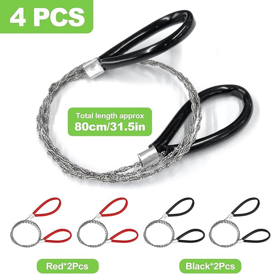 4-Pack 23.62-Inch Cable Wire Saw, Emergency Pocket Hand Saw for Camping, Hiking, Cuts PVC Pipe, Metal, Wood, and Trees - Red & Black