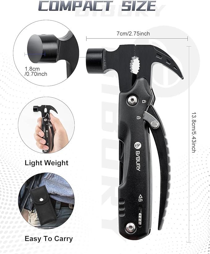 BIBURY Hammer Multitool, Christmas Stocking Stuffers for Men, 12-in-1 Survival Gear Outdoor Multi Tool, Gifts for Men Dad Him Husband, White Elephant Gifts for Adults, Anniversary Christmas Gifts