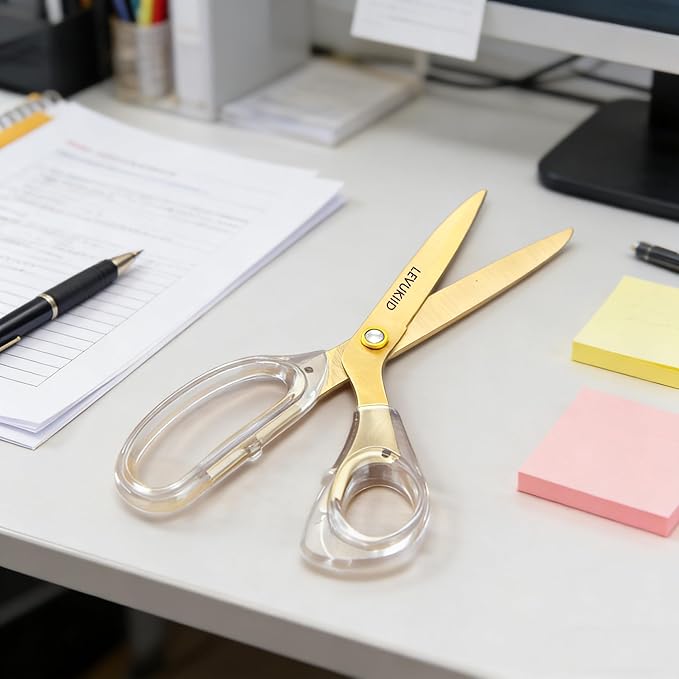 fabric scissor scissors all purpose, 9 Inch Titanium Coated Blades and Ergonomic, Clear Sscissors for Office Desk, Modern Design for Craft, Sewing, fabric,Office/aureate