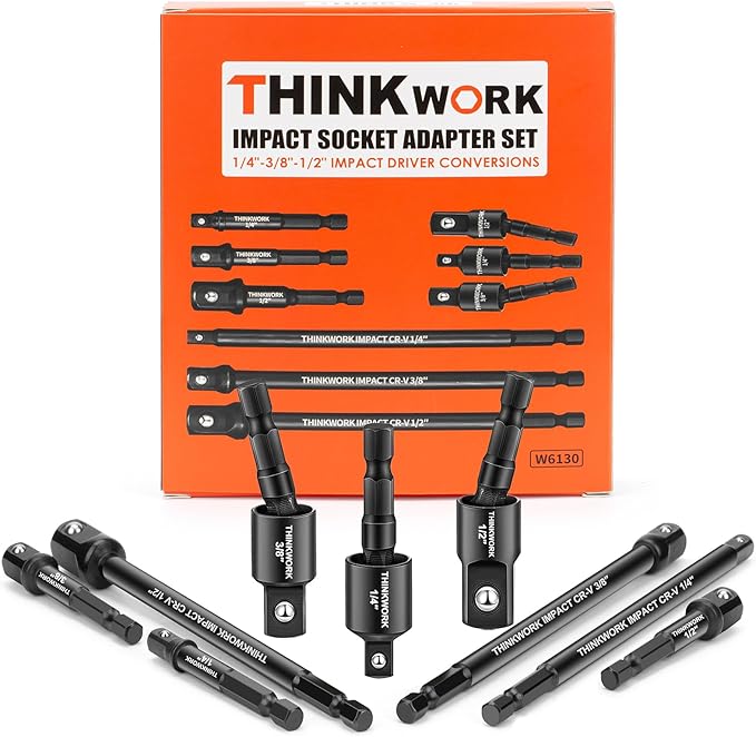 THINKWORK Impact Socket Adapter Set, 1/4" 3/8" 1/2" Drill Socket Adapter Set, 1/4" Hex Shank for Cordless Impact Driver Power Drill 9 Piece