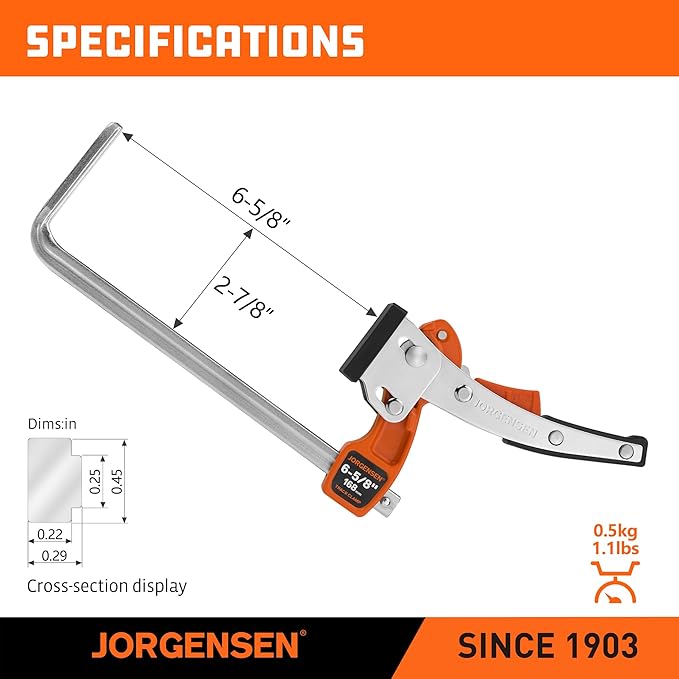 Jorgensen 6-5/8" Ratcheting Table Clamp, Quick Release Track Saw Clamp, Guide Rail Clamps for MFT Table and Guide Rail System, 2-7/8" Throat Depth, 400lbs Load Limit