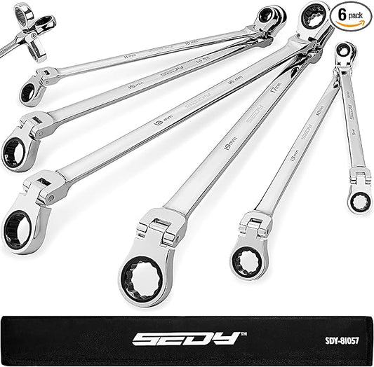 Extra Long Flex-Head Ratcheting Wrench Set, Anti-Slip 6-Piece Double Box End Wrench Set, 72-Teeth, Metric 8-19mm, CR-V Steel Wrench with Rolling Pouch