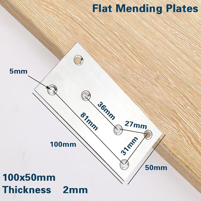 6Pcs Flat Mending Plates, 4" x 2" Flat Straight Brace Bracket, Heavy Duty 304 Stainless Steel Joining Plates for Shelves Cabinet,Furniture Corner Repair Fixing 100X50X2MM (Silver with Screws)