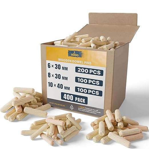 ALBO Wooden Dowel Pins 400 Pack Assorted Sizes 6?30 / 8?30 / 10?40mm, Fluted Wood Dowels Rods Hardwood Crafts Dowel Pegs
