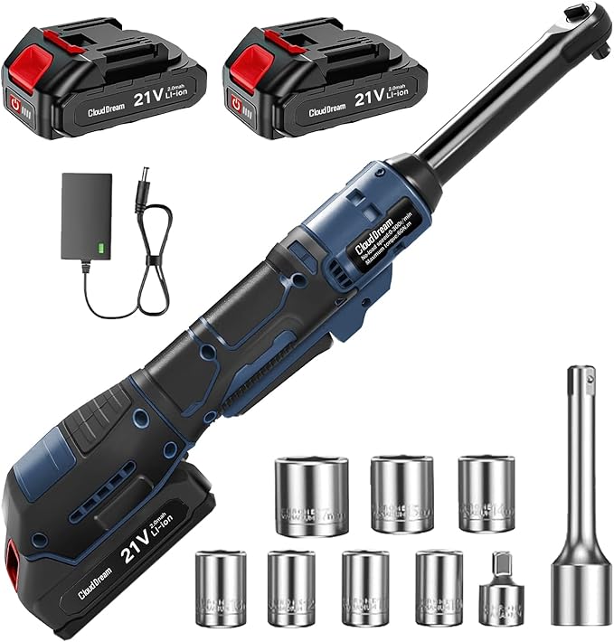 Cordless Ratchet Wrench, 4-inch Extended Ratchet Wrench with 2x 2.0Ah Battery,45FT-LBS (60N.m)Variable Speed Power Ratchet Driver Set with 6 Sockets,1/4 Adaptor, 3"Extension Bar (Blue-4in)