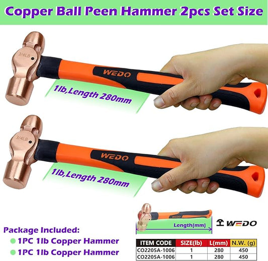 WEDO 2-Piece Copper Ball Peen Hammer Set, 16 oz + 16 oz(1lb+1lb), Ball Pein Hammer with Fiberglass Handle, Die-Forged, Corrosion Resistant, DIN Standard