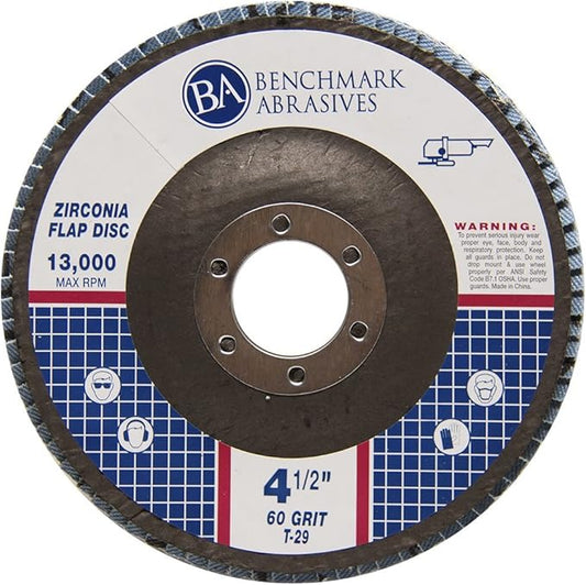 Benchmark Abrasives 4.5" x 7/8" Premium Zirconia T29 Angled Flap Discs 4 1/2 for Angle Grinder, Sanding Discs, Finishing, Rust, Stock Removal- Grinding Wheels 4 1/2 Inch (100 Pack) - 60 Grit