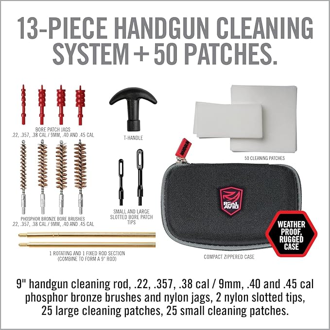Real Avid Pistol Cleaning Kit 1911 Accessories | 1911 Bushing Wrench Takedown Tool 45 ACP Caliber 22 38 9MM 40 45 Cal Gun Tools & 1911 Field Guide | 9mm Cleaning Kit w/ Gun Cleaning Brush Rods Patches