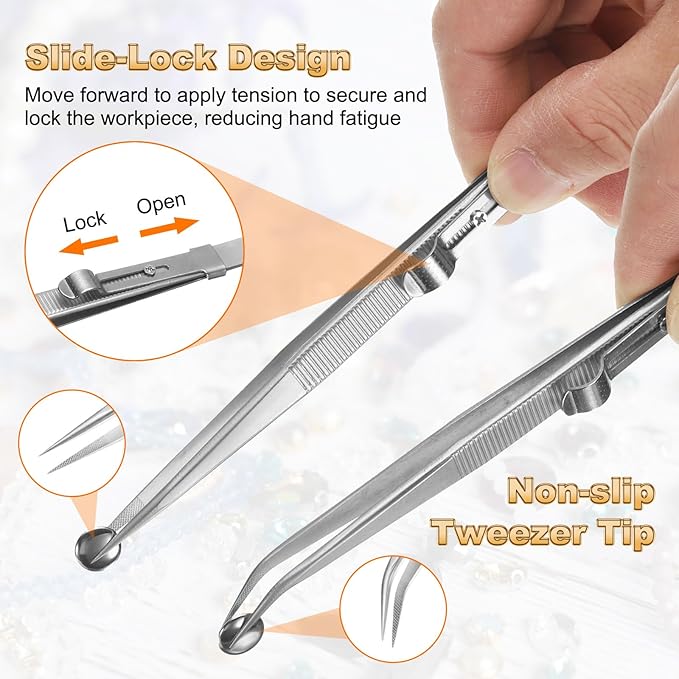 HARFINGTON 3pcs Diamond Tweezer Holder Pick Up Tool Set Stainless Steel 4 Claw Holder Straight/Elbow Head Jewelry Locking Tweezer for Tiny Objects Electronic Components, Silver/Black