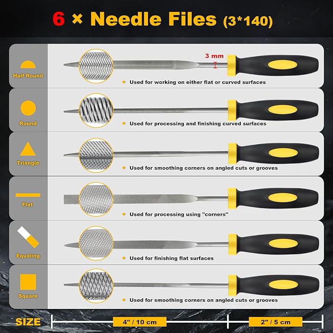 MORROWIND Small 6-Piece Needle File Set, Diameter 0.11" Length 5.51" Hardened Alloy Steel Mini File for Metal Wood Plastic, Includes Flat, Warding, Square, Triangular, Round, Half-Round, Yellow