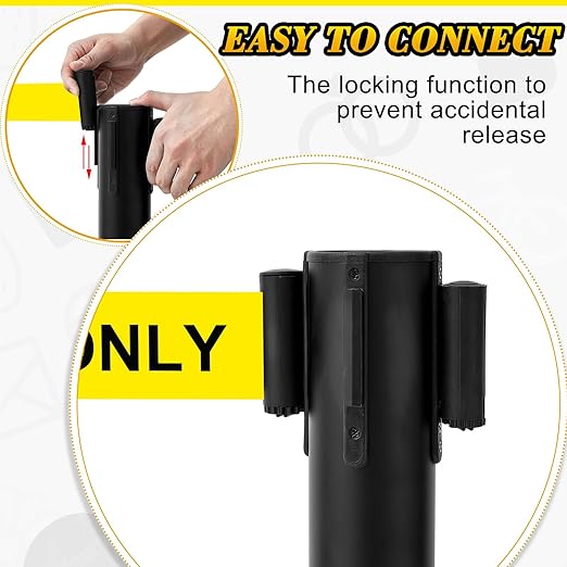 Therwen 6 Pack Heavy Duty Crowd Control Stanchions 9.8 ft Stainless Steel Stanchion Set with 6 Safety Barrier Post Retractable Belt and 1 Sign Holder Crowd Control Barrier(Caution Belt,Yellow)