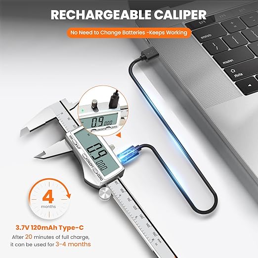 HARDELL Digital Caliper, Rechargeable Calipers with Large LCD Screen, Stainless Steel Caliper Measuring Tool, Auto-Off, Inch/MM/Fraction for DIY/Household/3D-printing