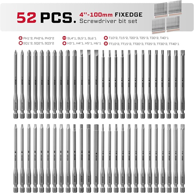 52Pieces Fixedge Screwdriver bit set, 4 inches Magnetic Alloy Steel Phillips/Slotted/Square/Torx/Hex/Security Torx Insert Power Bits Tips with Storage Organizer for Home Repair