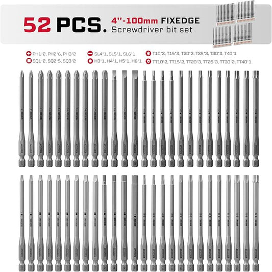 52Pieces Fixedge Screwdriver bit set, 4 inches Magnetic Alloy Steel Phillips/Slotted/Square/Torx/Hex/Security Torx Insert Power Bits Tips with Storage Organizer for Home Repair