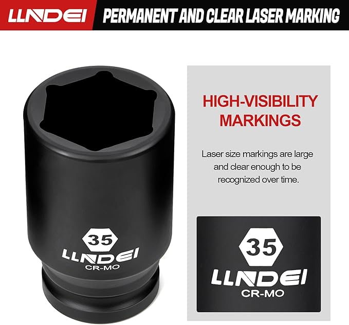 LLNDEI 3/4 inch Drive Impact Socket Set, 12 Piece Heavy Duty CR-MO Deep/Jumbo Sockets 6 Point Design, Metric 21mm-38mm, for Large Vehicle and Apparatus Maintenance