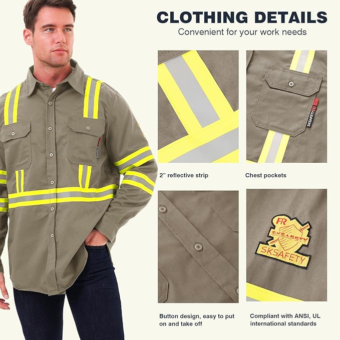 SKSAFETY 7oz FR Shirts for Men, Welding Shirt Hi Vis Flame Resistant 100% Cotton Fire Retardant Longsleeve Shirt CAT2
