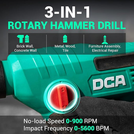 DCA 12V Cordless Drill Set SDS-Plus Hammer Drill, 1J 3-IN-1 Power Drill with Variable Speed, 2*2.0Ah Battery, 0-900 RPM/5600 BPM, with 3/8" Drill Chuck, 4 Drill Bits for Concrete, Brick, Metal, Wood