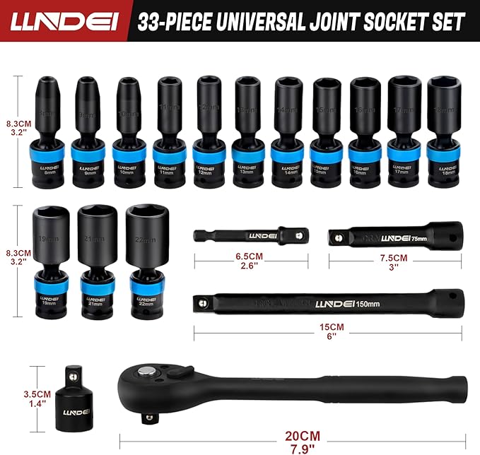 LLNDEI 3/8" Drive Swivel Socket Set, 19PCS Deep Universal Impact Socket Set, Metric(8mm-22mm) Premiun Wobble Socket Set, CR-MO Steel,3"& 6" Extension Bar, Ad