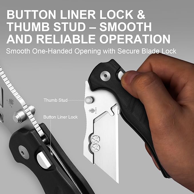 Kizer C01C Uti 1 (Dual-screw Version) Utility Knife, Button Liner Lock Box Cutter EDC Pocket Knife with 5PCS Razor Blades, Black G10 Handle Small Folding Knives with Clip for Men Women, V3488.29JSA3